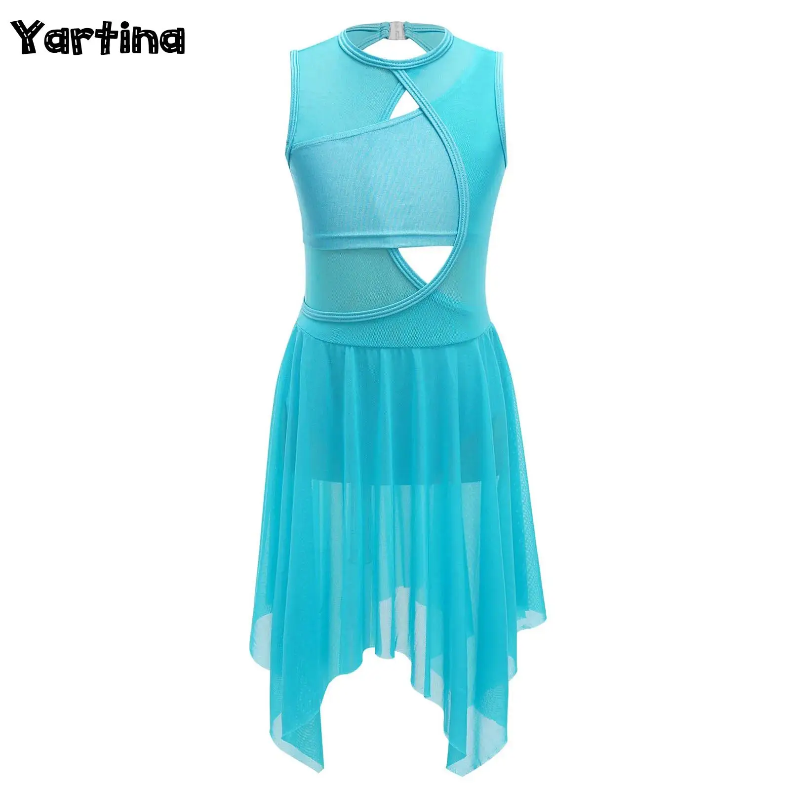 Kids Girls Ballet Jersey with Asymmetric Skirt Lyrical Contemporary Dance Dress Clothing Rhythm Gymnastics Modern Dance Costume