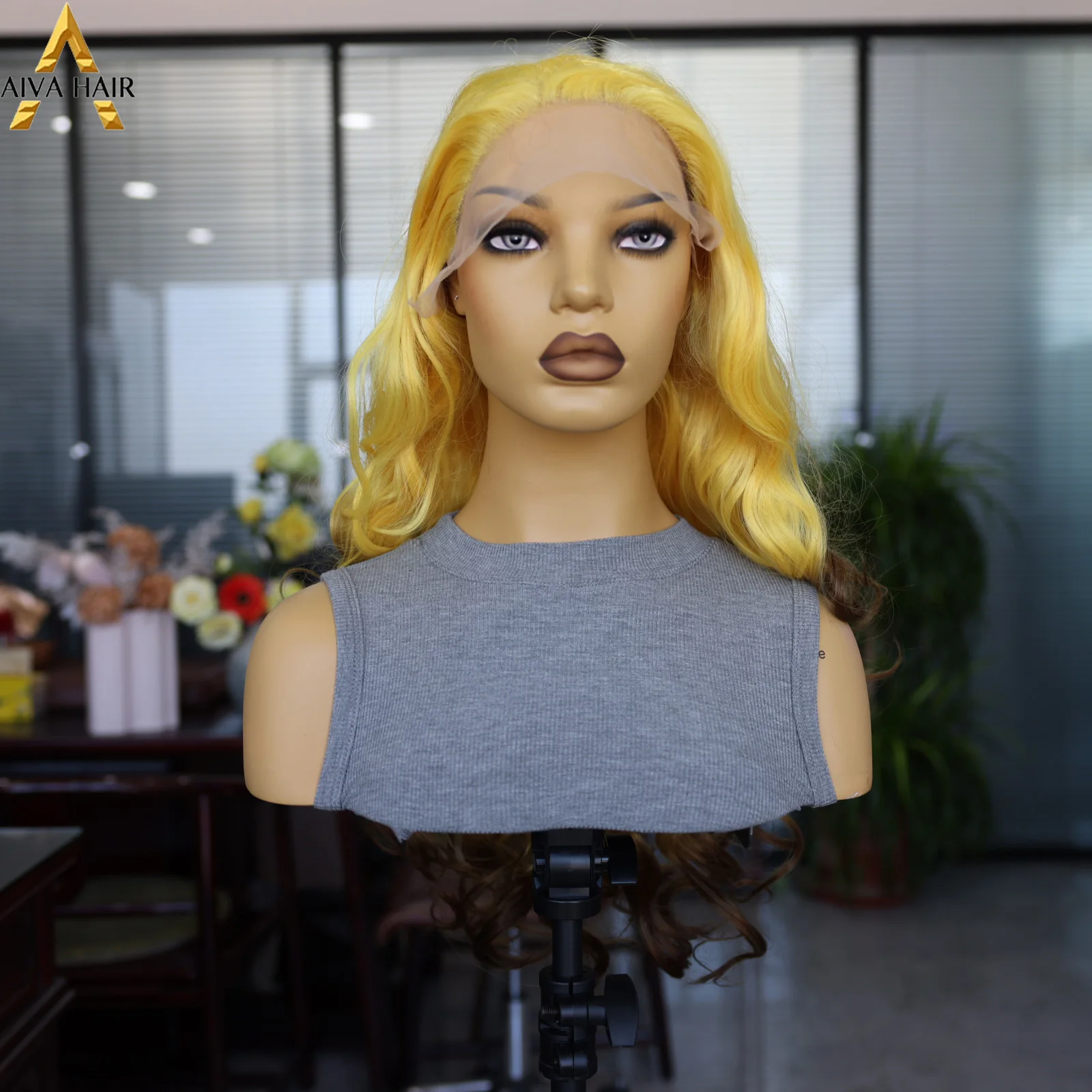 Yellow Brown Gradient Synthetic Front Lace Wig high quality Fashion Long Wave Wig 180 Density Front Lace Mesh Cap Breathable