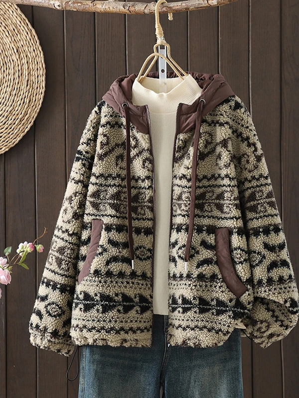 Retro Thickened Hooded Print Jacket Large Size Women's Outerwear Cardigan Autumn Winter New Arrival Warm Furry Coat