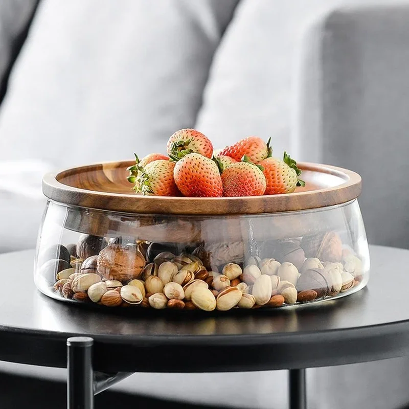 Glass Bowl with Wood Plate Fruit Nut Dried Storage Box Container  Candy Storage Box Fruit Tray With Wooden Lid For Home Kitchen