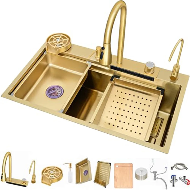 

Luxury Double Bowl Gold Stainless Steel Sink – With Multifunctional Pull-Out Faucet & Sliding Kitchen Accessories