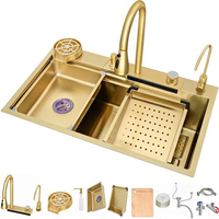 Luxury Double Bowl Gold Stainless Steel Sink – With Multifunctional Pull-Out Faucet & Sliding Kitchen Accessories