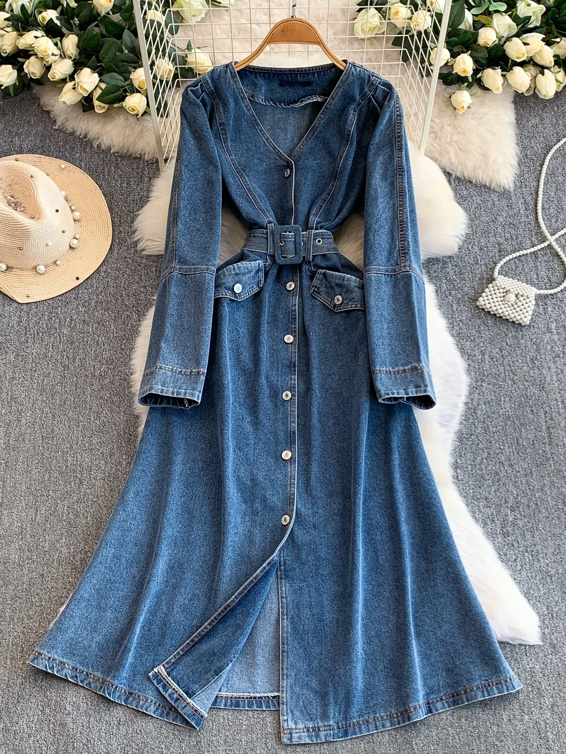 

Retro Faion V-Ne Denim Dr Women's Autumn Winter Single Button Belted Waist Cinching Knee-Length A-Line Skirt