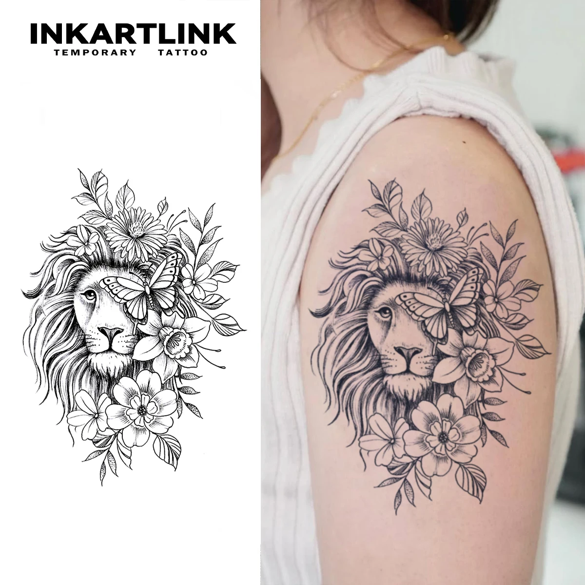 

INKARTLINK Lion Flower Tattoo Patch 1-2 Weeks Long lasting Butterfly Green Leaf Mane Details Waterproof Temporary Tattoo