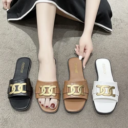 2024 Summer Women Luxury Designer Replica Slides Lady Metal Chain Luxury Slippers Female Leather Beach Fashion Outside Shoes