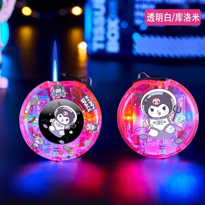 New Kuromi Hello Kitty Melody Windproof Rotating Fingertip Gyro Lighter Transparent Colorful Creative Sanrio Pink Flame Lighters