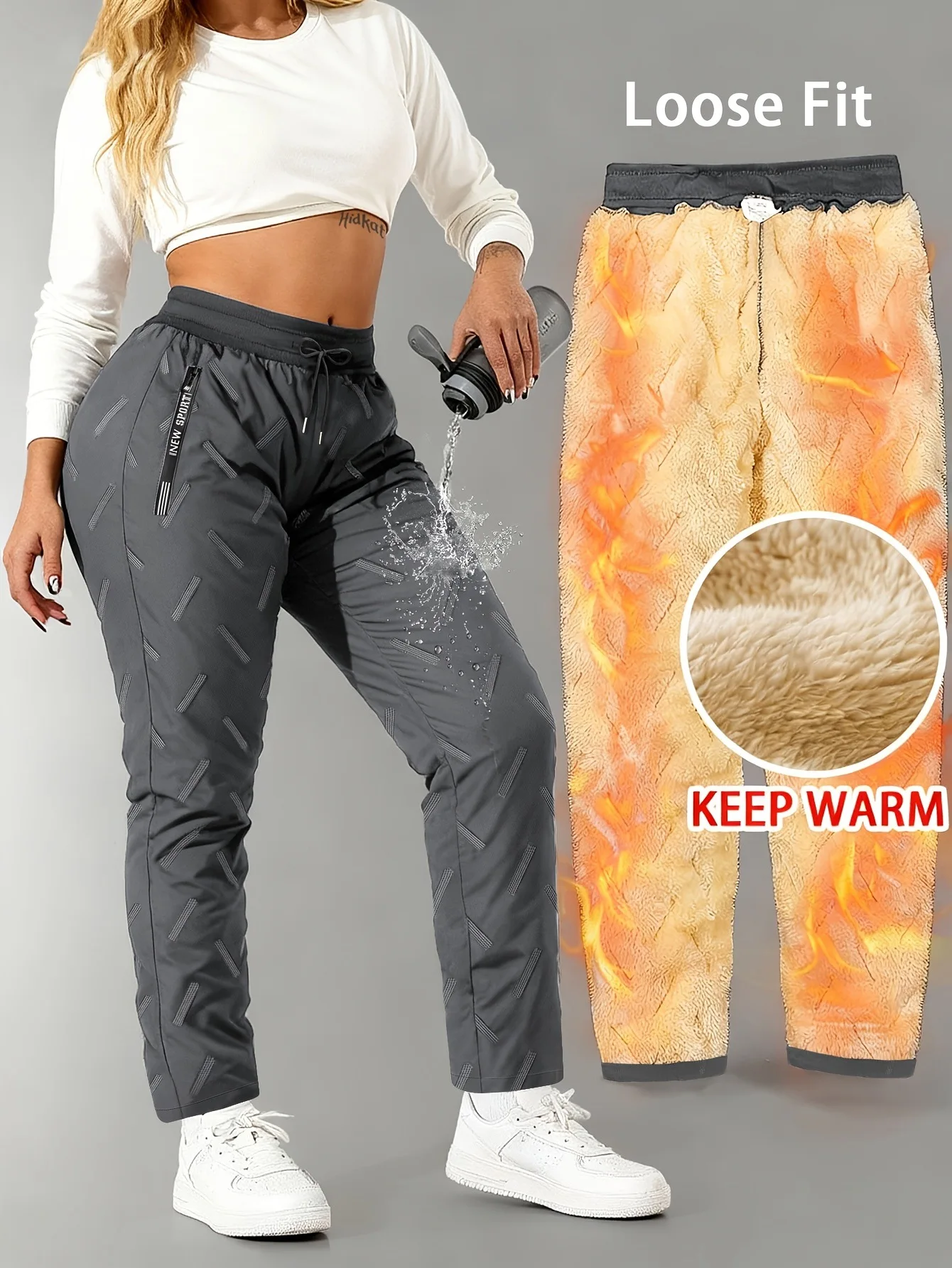 Damen-Fleece-Ultraschallhose mit Reißverschlusstaschen, warme Freizeithose für Herren, Winter, gefüttert, für kaltes Wetter, Thermohose für Herren. – Detail 4