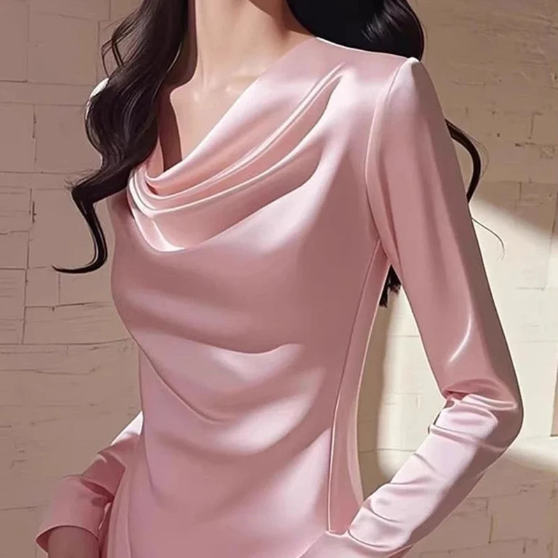 

2025 New Autumn Simplicity Elegant Solid Color O-neck Long Sleeve Blouse Ladies Temperament Pleated Slim Shirts Women Clothes