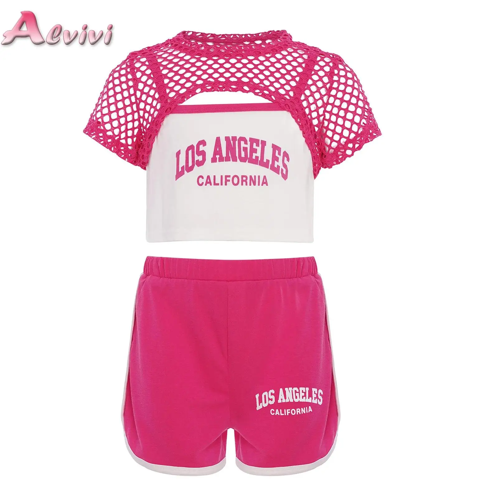 

Girls' 3Pcs Outfits Breathable Summer Thin Fashion Short Sleeve Mesh Top+Letter Print Crop Vest Sling+Letter Print Sport Shorts