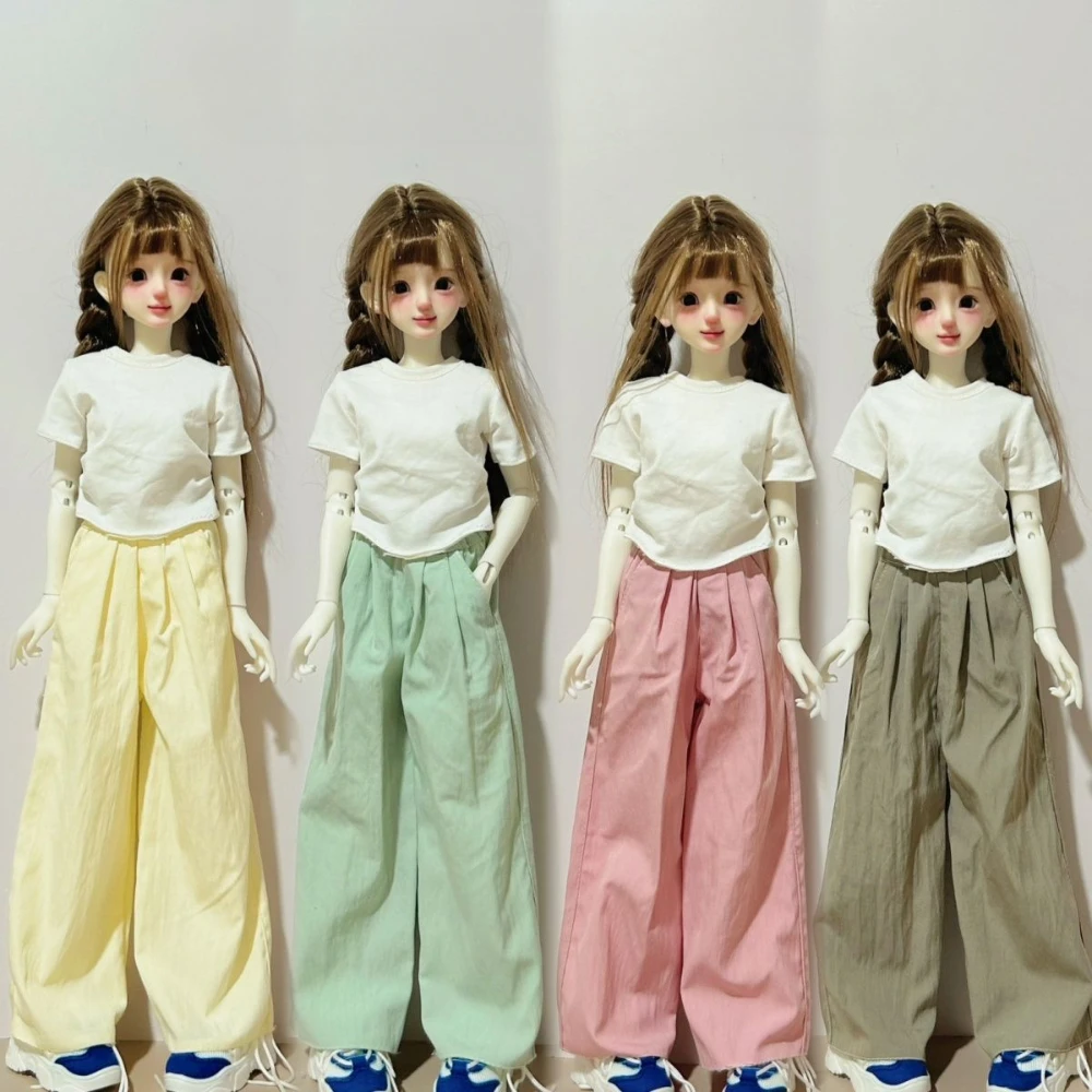 New 1/4 Doll's Clothes Suit for 45cm Bjd Doll White T Short Sleeved Top Pants Wide Leg Pants Casual Doll Accessories, No Doll