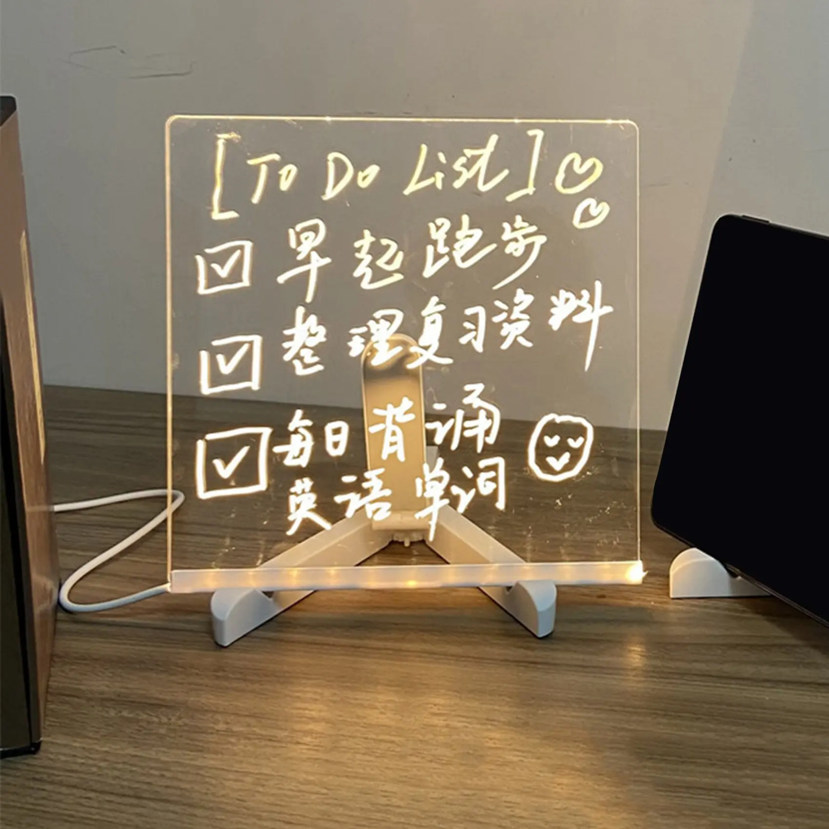 A34M-LED 아크릴 메시지 보드 라이트 USB 발광 드로잉 보드 메모 브래킷 포함 어린이 선물, 20X20CM