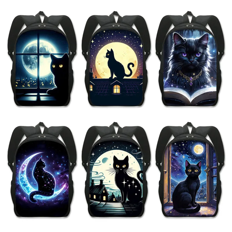 Black Cat Print Mochilas para Adolescente, Lua, Bruxaria, Céu Estrelado, Mochila para Viagem, Mochila de Armazenamento, Laptop Bags, Mochila Escolar