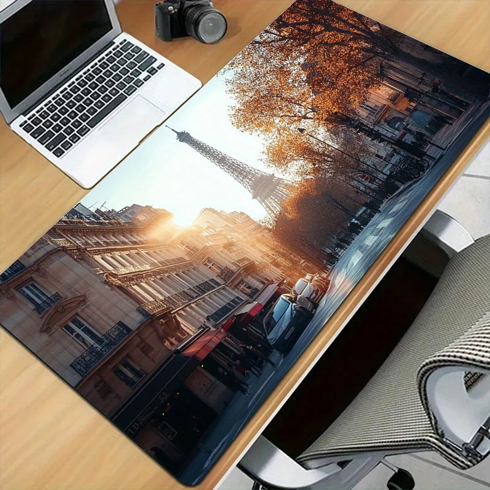 Paris Eiffel Tower Autumn Large Desk Pad, Sunset Paris Street Extended Gaming Mouse Pad, Non-Slip Desk Mat for Home Office Decor