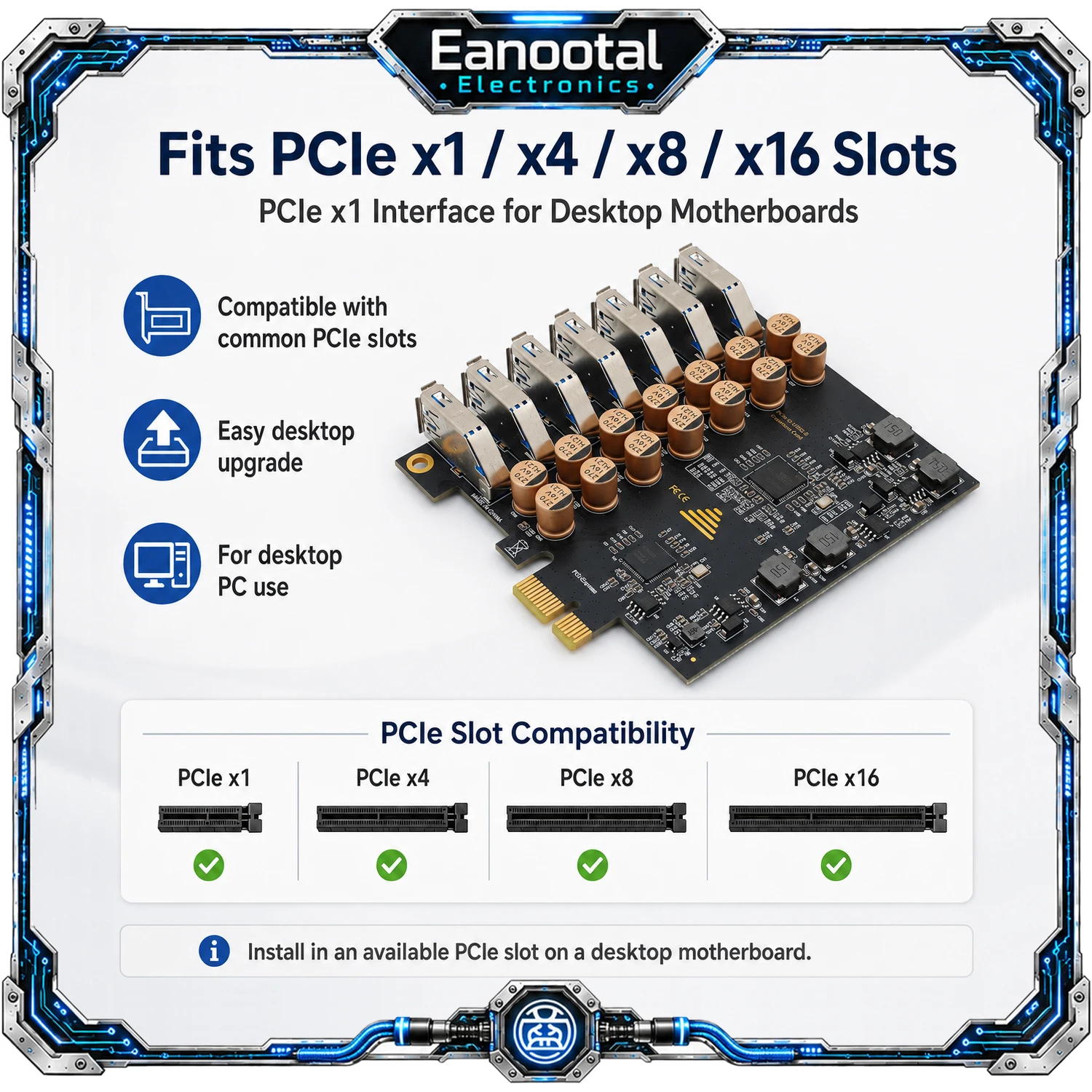 7-Port USB-A PCIe X1 Expansion Card, USB 3.0 5Gbps PCIe Adapter with 10 Solid Capacitors for PC