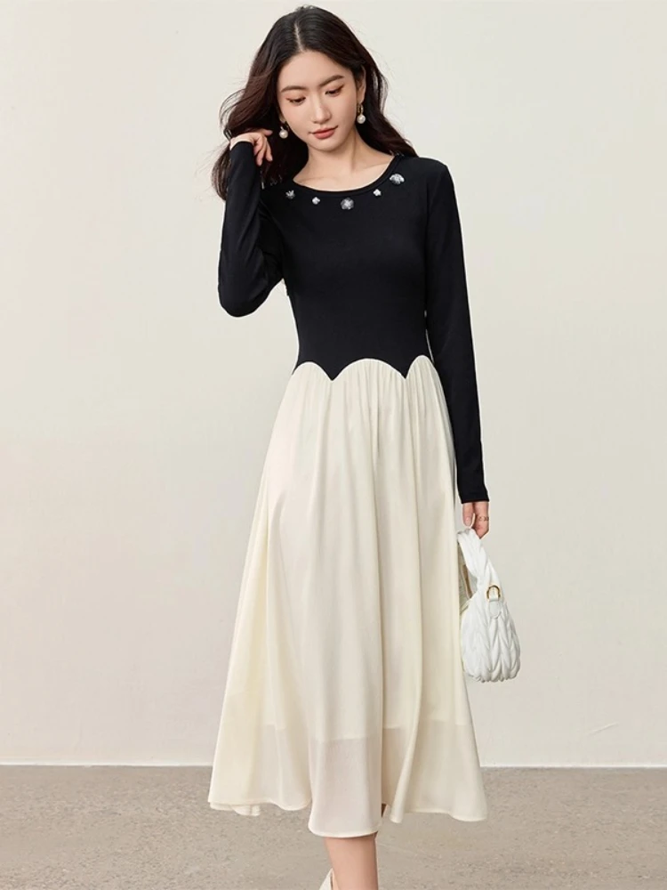 

SENTUBILA Patchwork Dress Women's 2025 Autumn Casual O-Neck Waist Long-Sleeve Tea Dress Embroidered Flares Elegant 153LO2948