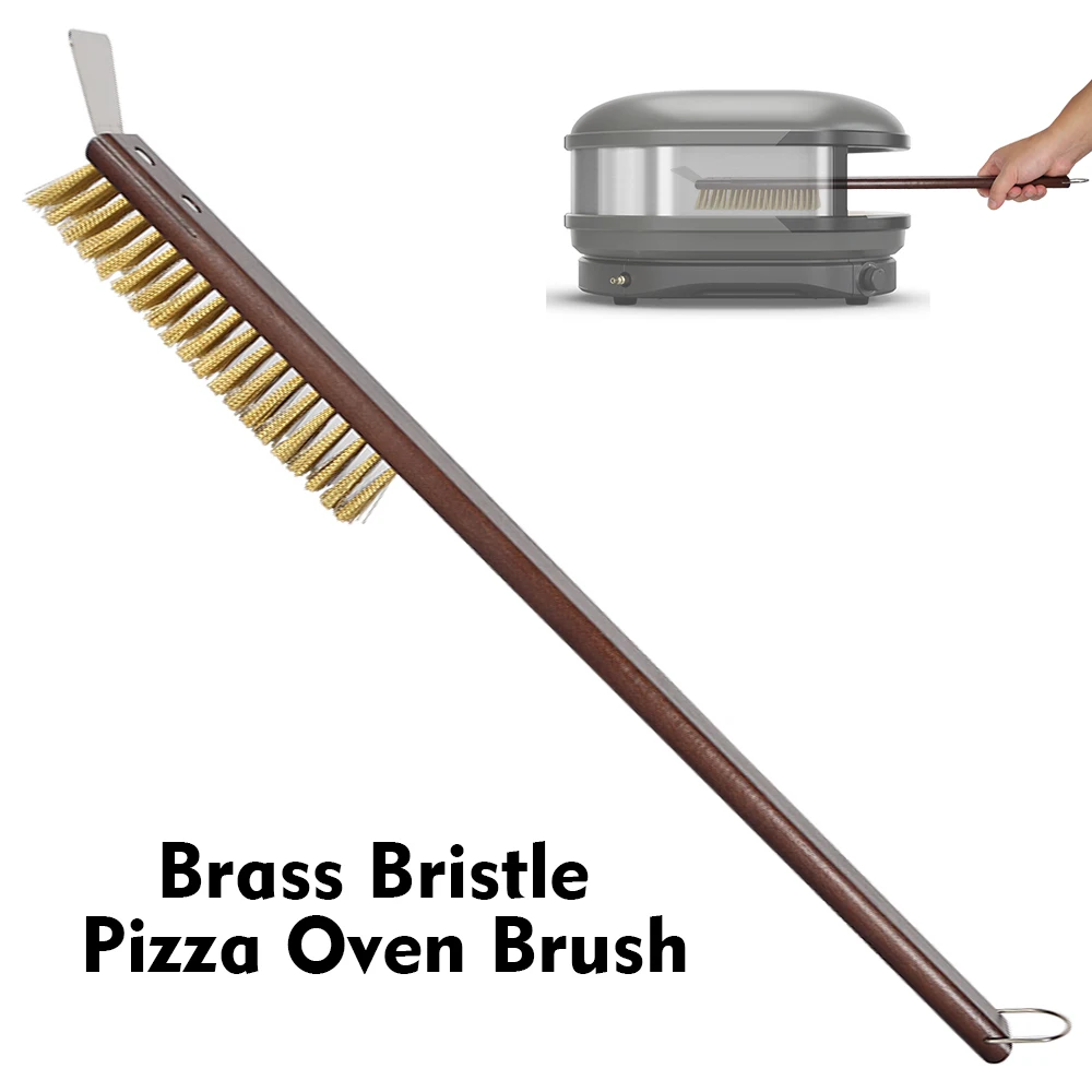 Onilini-cepillo para horno de Pizza de 20 pulgadas con raspador, cepillo de limpieza de cobre para parrilla, Cassia Siamca, mango de madera, accesorios para horno