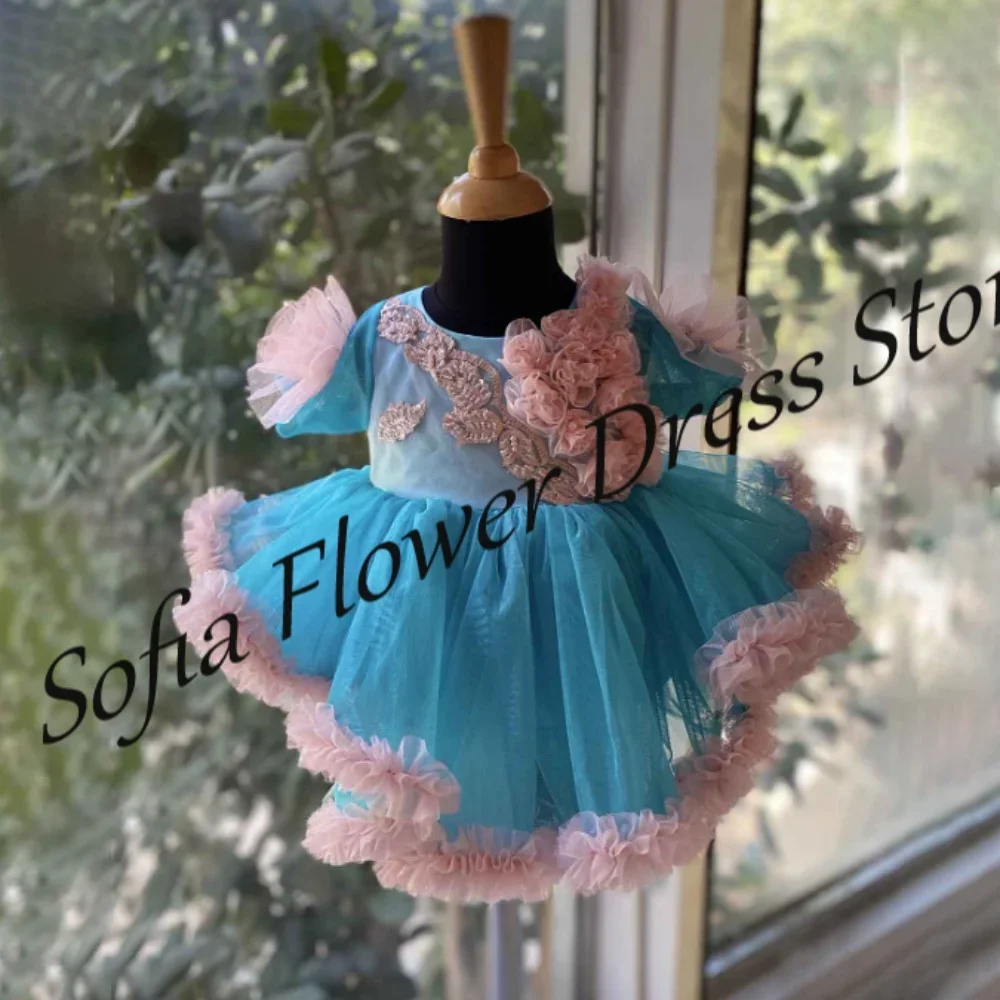 

Blue And Pink Flower Girl Dress A-Line 3D Flowers Tulle Birthday Party Gown For Wedding Kids First Communion Birthday Party Gown