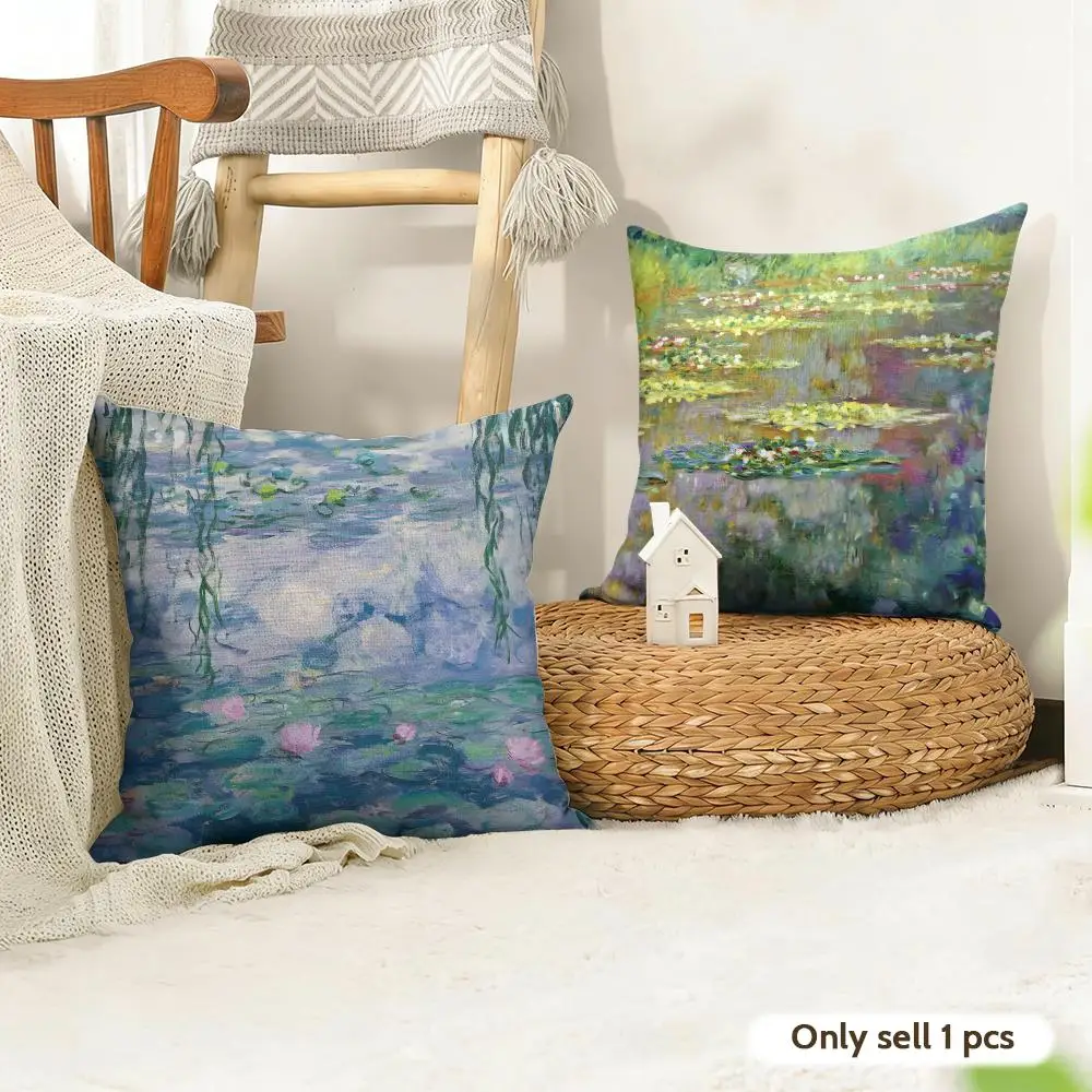 Water Lilies Claude M-Monet Fine Art Cushion Cover Organic Linen Square Pillow Case Durable Non-Allergenic And Kind To Skin
