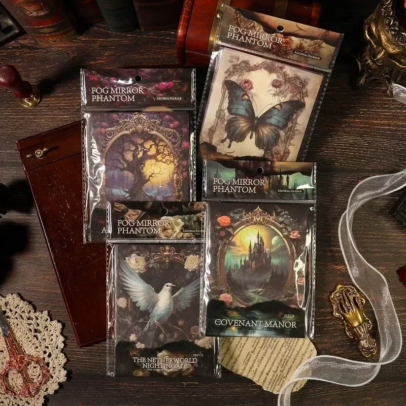 20Pcs Supplies Scrapbook Phantom Material Paper Collage Retro Dark Gothic Handbook Fog Mirror Style Writing 190*123mm