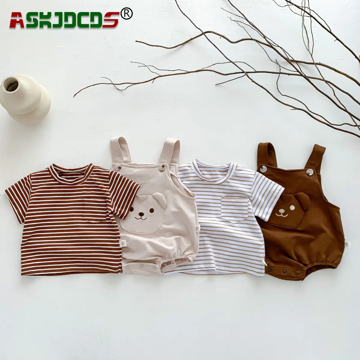 

Summer Newborn Baby Girls Boys Short Sleeve Stripe Top T-shirts+strap Bodysuits Infant Kids Cotton Cute Clothing Set 2pcs 유아복