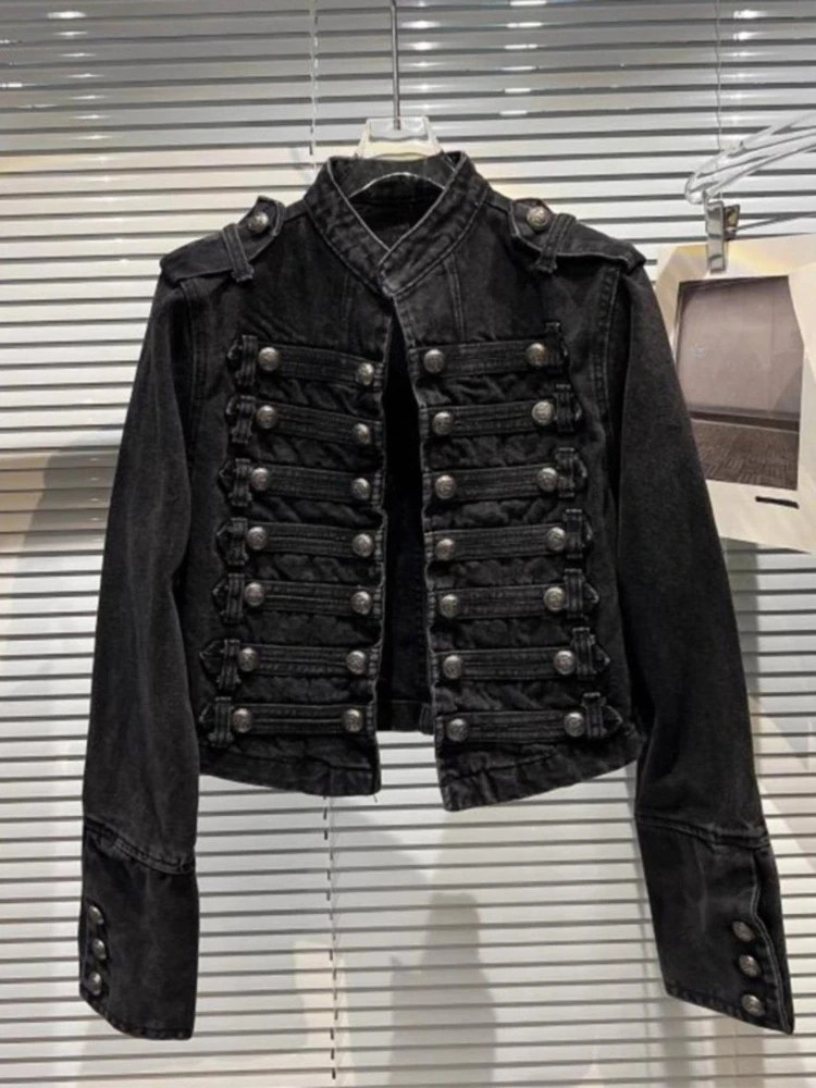 American Vintage Long Sleeve Cropped Denim Jacket Stand Collar Metal Double Breasted Denim Coat Bodycon Button Patchwork 2026