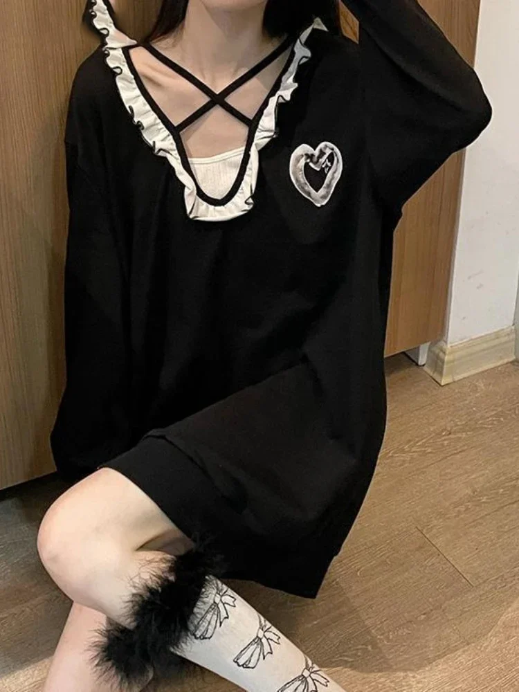 2024 Two Pieces Set Y2k Aesthetic Harajuku Oversized Patchwork Ruffled Hoodies Femme Solid Grunge Drawstring Crop Vest Top Women