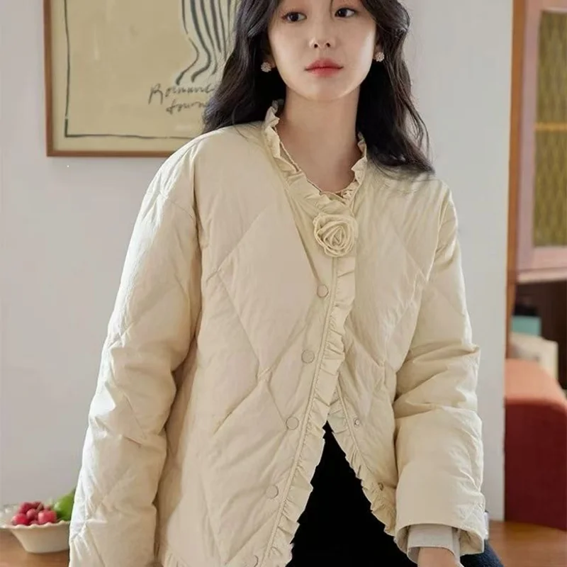 Piumino da donna in cotone Jaet ort Cappotto invernale vintage leggero e ampio Fiore 3D impreziosito in legno coreano Sle