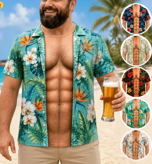 Lustiges T-Shirt mit Muskel-Illusion für Männer, 3D-Druck, Fake-Open-Hawaiian-T-Shirt, „Too Hot To Handle“, Sommer-Urlaub, lässiges Geschenk – Detail 5