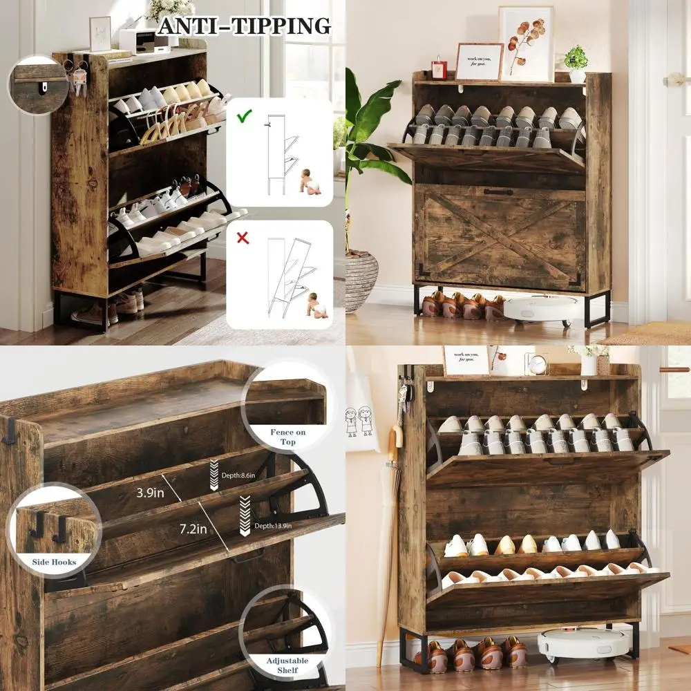 

Rustic Farmhouse Style Shoe Rack with 2 Drawers, Adjustable Feet, Hooks, and Removable Shelves