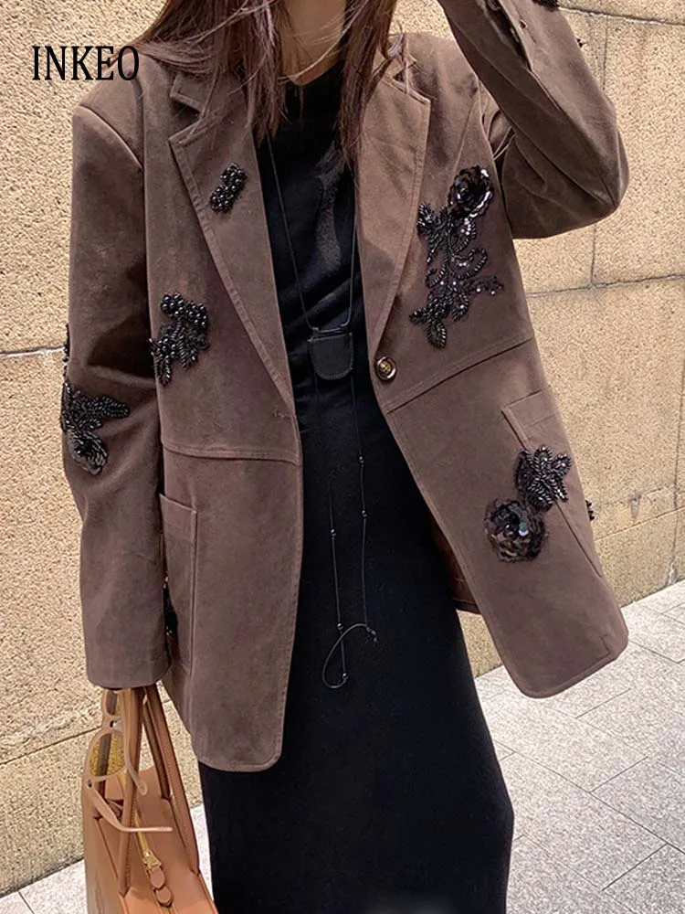 

Роскошный женский пиджак с бисером, коричневый, дизайн 2025, модная винтажная куртка с карманами из искусственной замши, уличное пальто большого размера INKEO 5O097