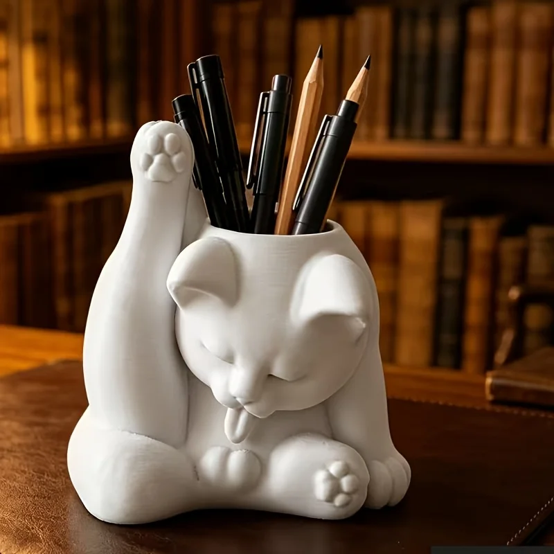 Cute Cat Pen Holder with Egg-Shaped Kitten Figurine, Multifunctional Desktop Storage Box, Lightweight Decor Vase for Office Desk