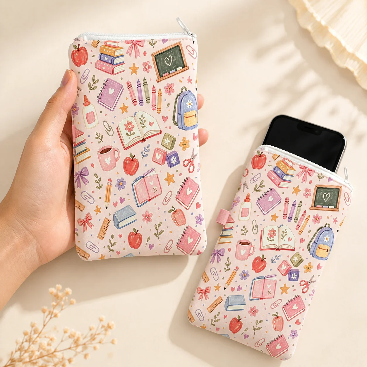 Cute School Supplies Phone Pouch for Girls, Soft Zipper Protective Sleeve with Side Tab, Student Teacher Travel Daily Storage view 5