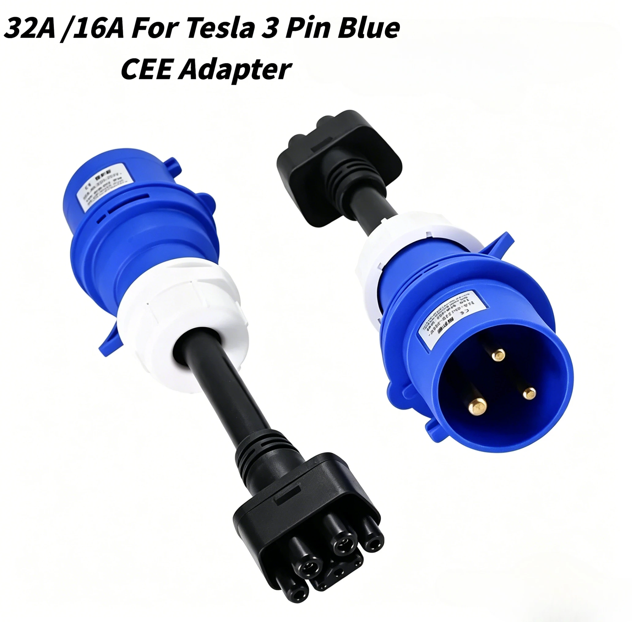 32A /16A 3 Pin Blue CEE Adapter For Tesla Model S,3,X,Y Gen 2 Ev Charger Extension Cord Connector 240V Outlet
