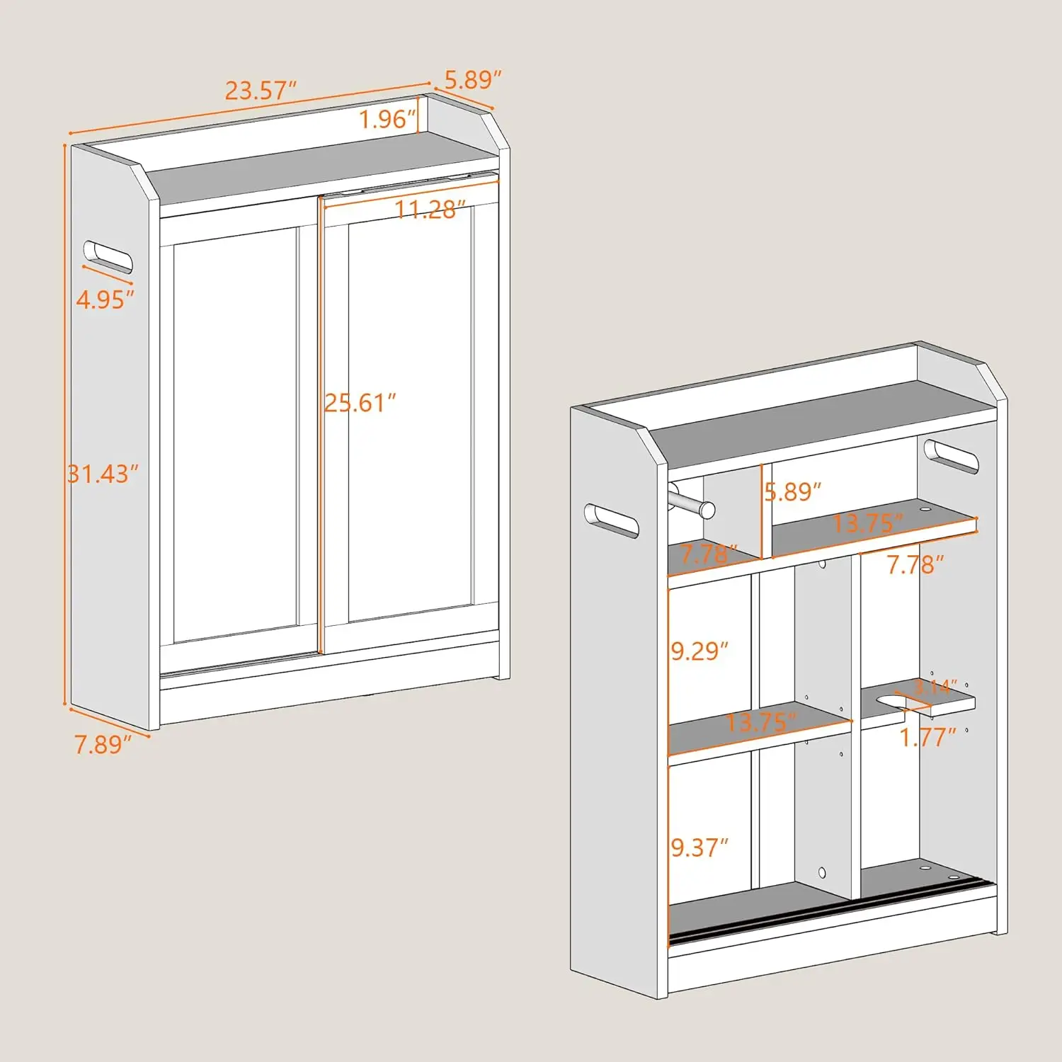 خزانة حمام رفيعة موفرة للمساحة، أبواب منزلقة - أرفف قابلة للتعديل، حامل ورق المرحاض، مقصورة فرشاة 31.5 بوصة × 23.6 بوصة × 7.9 بوصة، رمادي