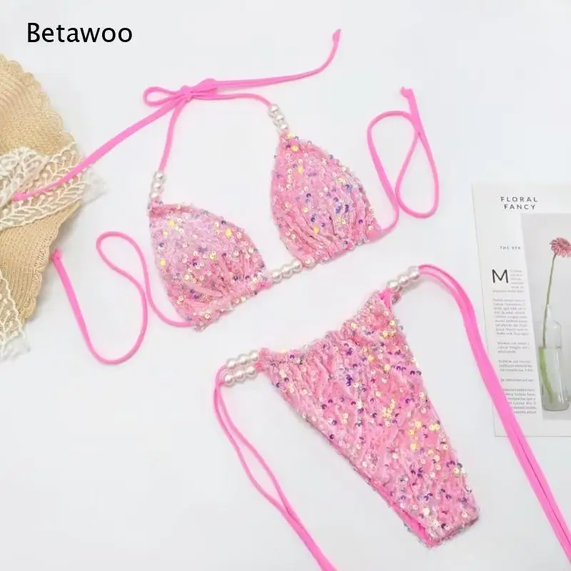 New Women Beachwear Multicolor Sequin Pearl Halter Triangle Tie Side Two Piece Bikini Set Swimwear Sexy Glitter Bathing Suit