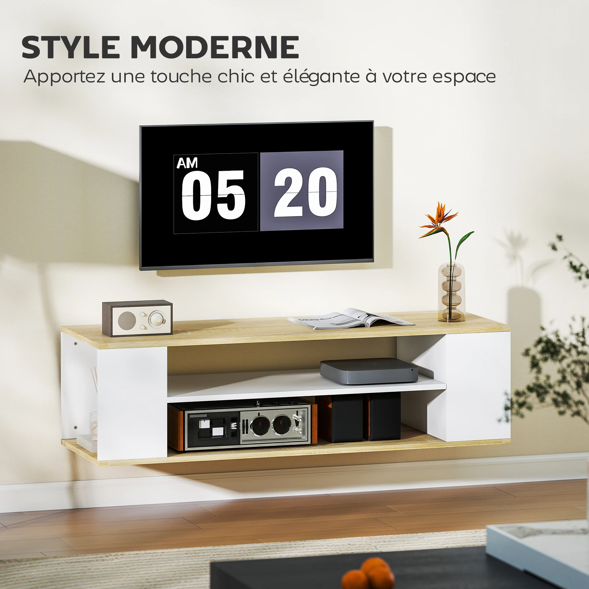 Mueble TV HOMCOM con ruedas, 120 cm, mueble para televisores de hasta 55 pulgadas, 2 estantes abiertos, blanco y natural