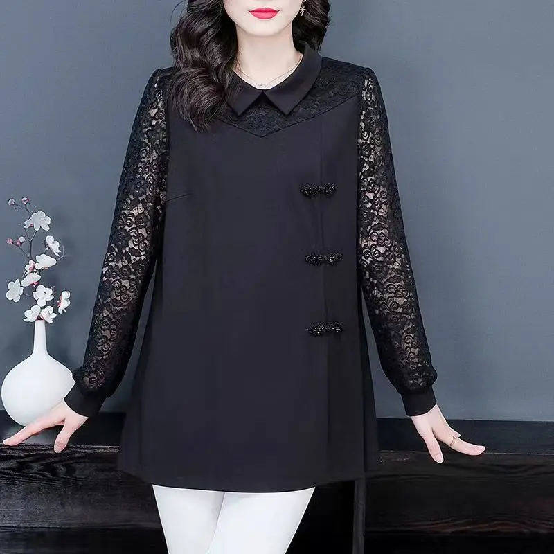 

New Chinese Long-sleeved Splicing Shirt Women 2026 Spring Autumn Large-Size Disc-buckled Lace Thin Pullover Top Female Blouse
