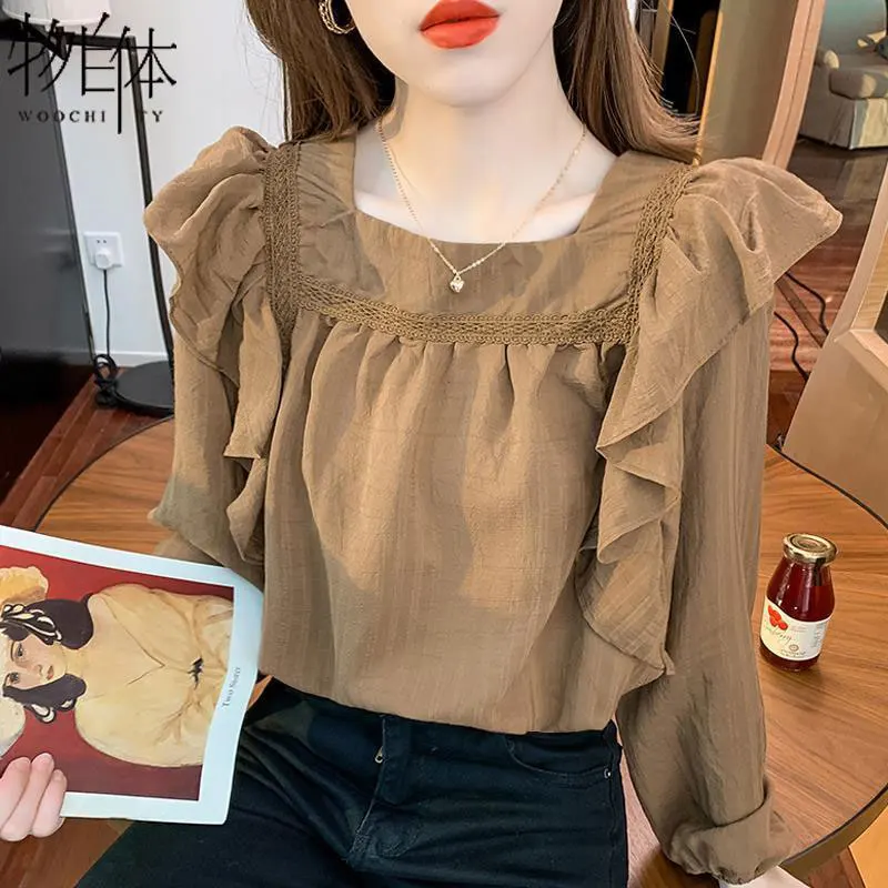 Women\'s Autumn Fashion Simplicity Solid Color Square Collar Long Sleeve Chiffon Shirts Women Clothes All-match Casual Loose Tops