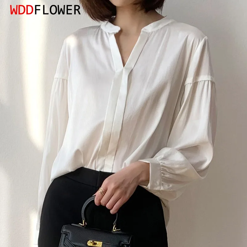 Women Silk Shirt 93% Mulberry Silk 7% Spandex 20 momme Heavy Silk White Long Sleeve V neck Top Blouse office work M L XL MM4140