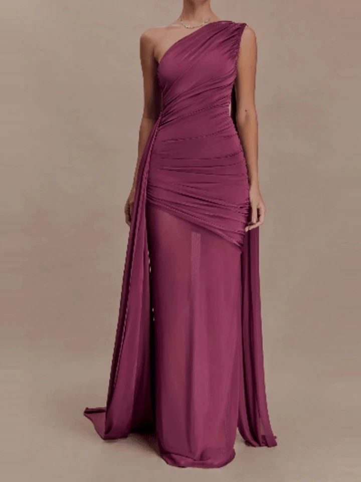 

Temperament Lady Solid Ribbon Banquet Dress Trendy High Waist Hollow Dress Elegant Slash Collar Sleeveless Pleated Evening Dress
