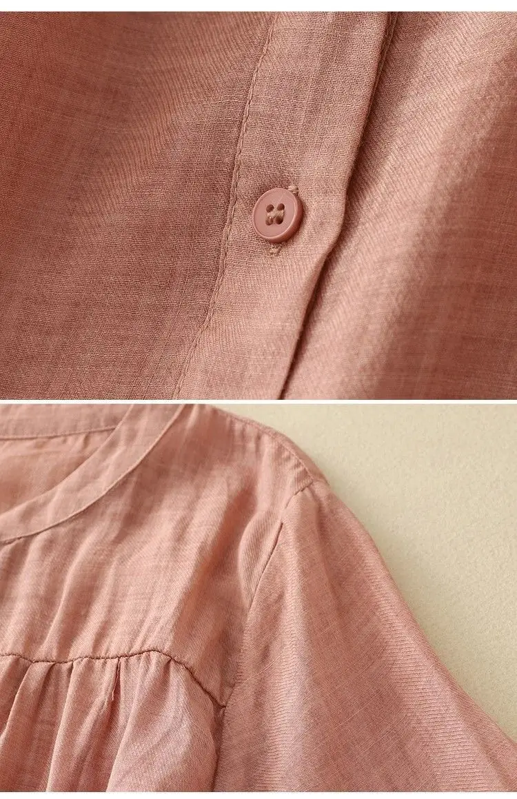 قميص من القطن والكتان، سترة رفيعة فضفاضة وتنحيف بأكمام ثلاثة أرباع بلون موحد