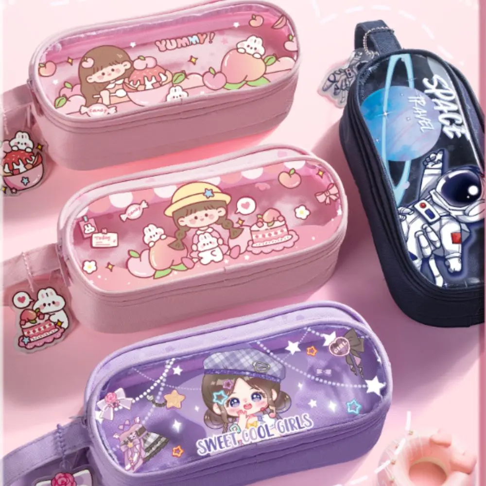 Three-Layers Cartoon Girls Pencil Bag Astronaut Cartoon Girls Large Capacity Pencil Pouch Multifunction with Keychain