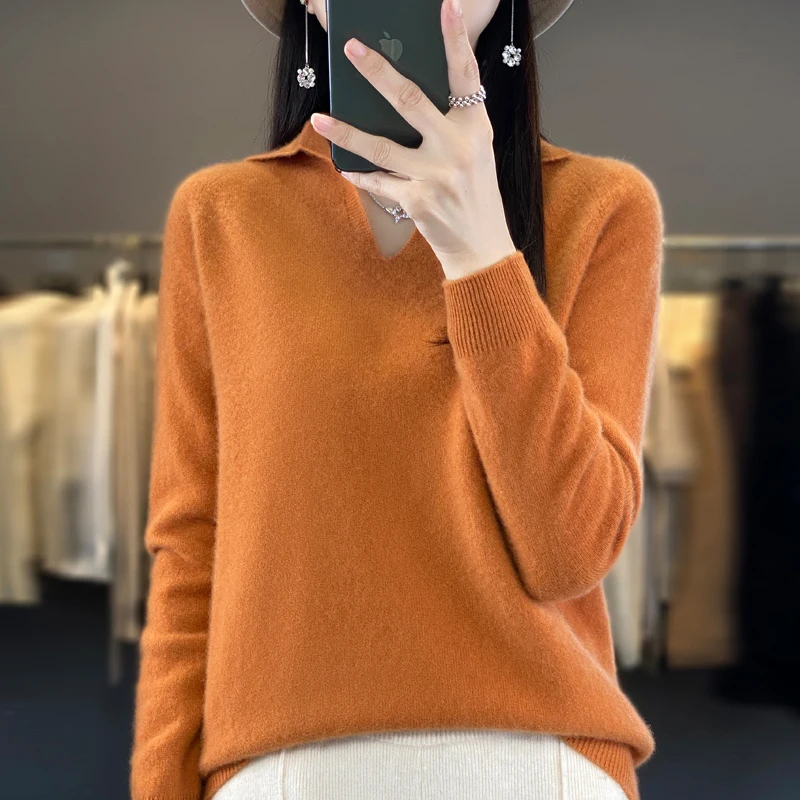 100% pure wool new cashmere sweater in autumn and winter women\'s V-neck polo pullover fashion solid color long sleeve pullover