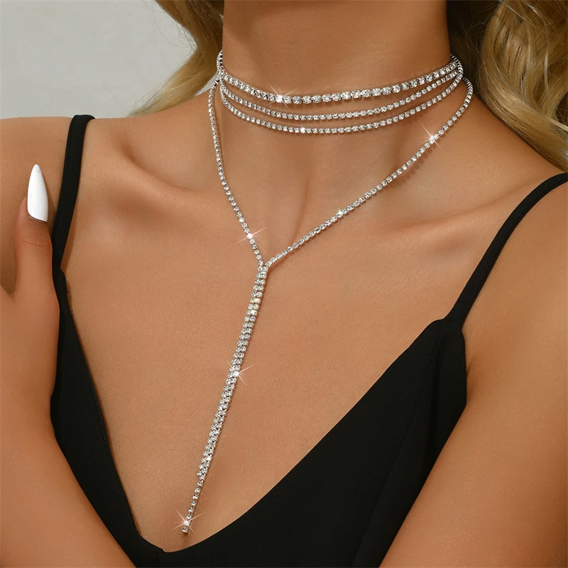 

Multi-Row Rhinestone Long Tassel Necklace for Women Light Luxury Elegant Black Crystal Chain Necklace Aesthetic Jewelry Gifts