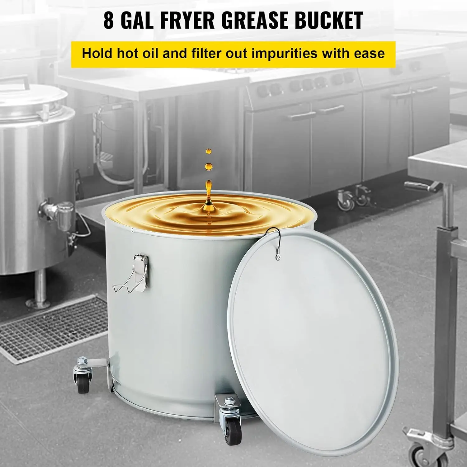 VEVFryer Grease Bucket, 8 Gal/30 L, Coated Carbon Steel Oil Filter Pot with Caster Base, Oil Disposal Caddy with 62 LBS Capacity