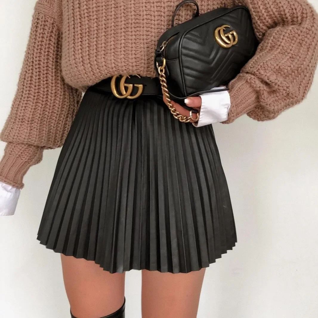 

High Waist Pleated Women Skirt A-line Faux Leather Streetwear Female Short Skirt Spring Autumn Party Club SexySkirt Black Skirt