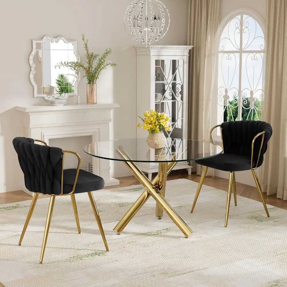 

Round Glass Dining Table Set with 2 Black Velvet Chairs for Kitchen and Breakfast Nook