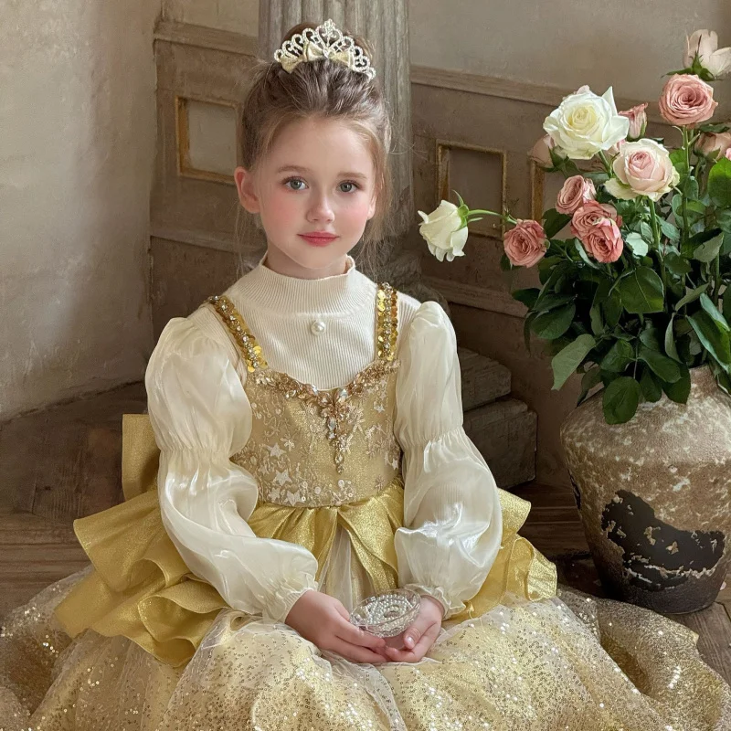 

Girls' Dress for Autumn and Winter2025New super beautiful birthday princess dress in champagne color for children with a high-en