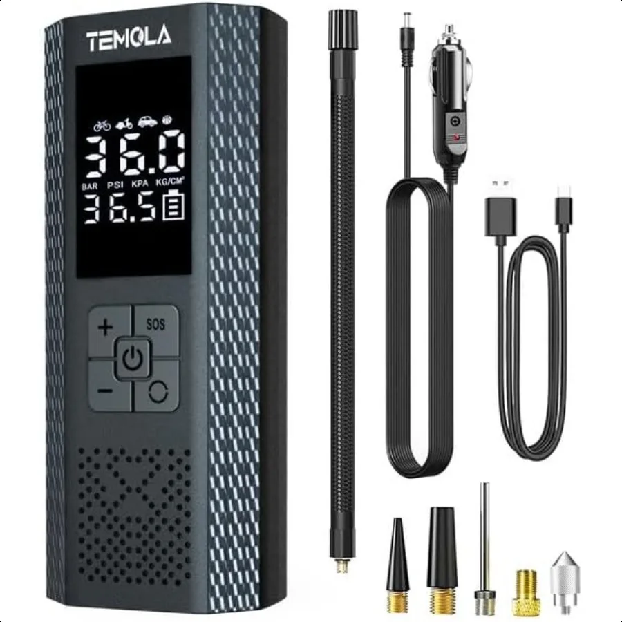 

Портативный воздушный компрессор TEMOLA Tire Iator 150PSI Портативный воздушный насос для автомобильных шин Воздушный насос для автомобильных шин с точным ЖК-дисплеем Prue