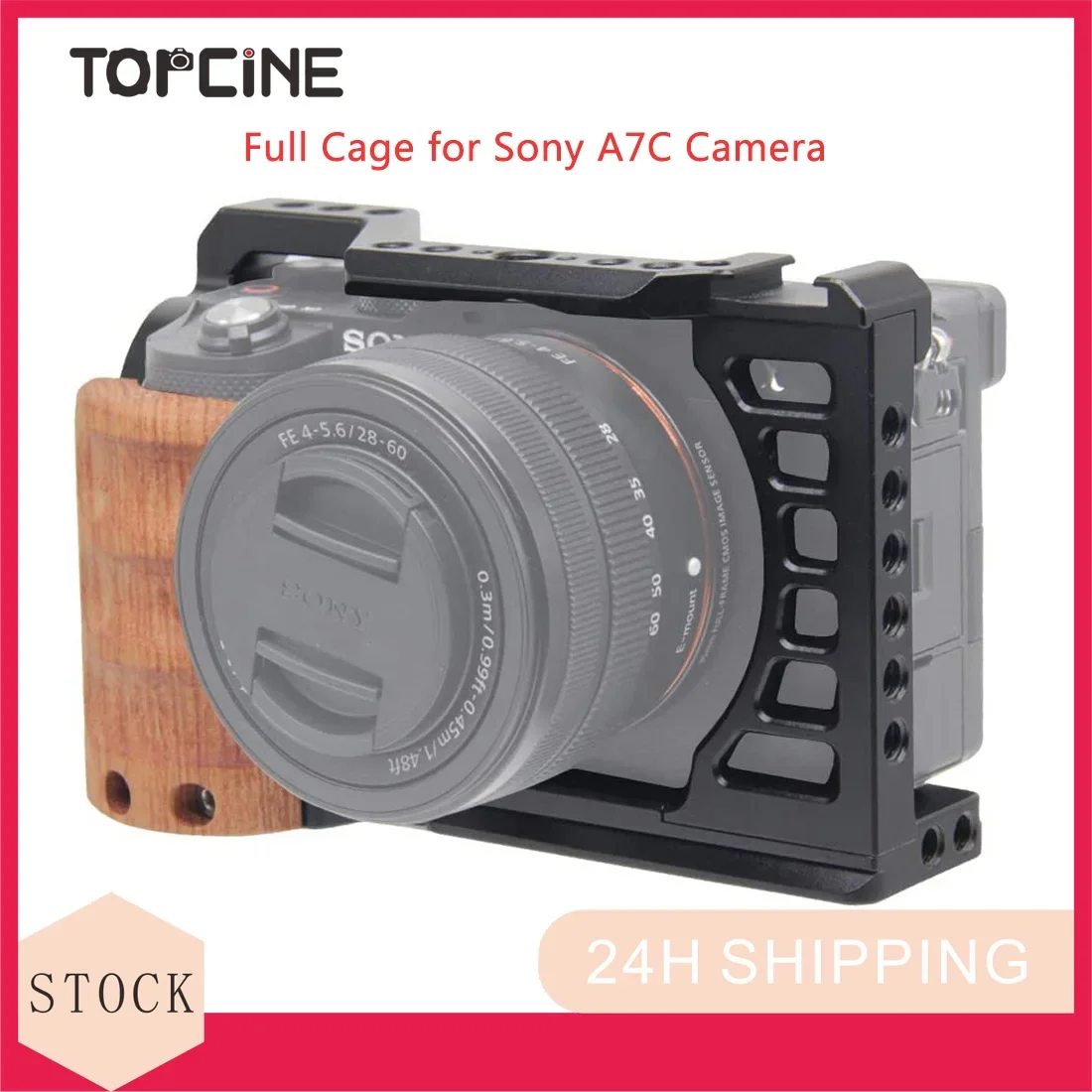 A7C Camera Cage with Wooden Grip for Sony Alpha 7C Metal Cage Rig Accessories with Cold Shoe Mount Multiple 1/4 Threaded Holes